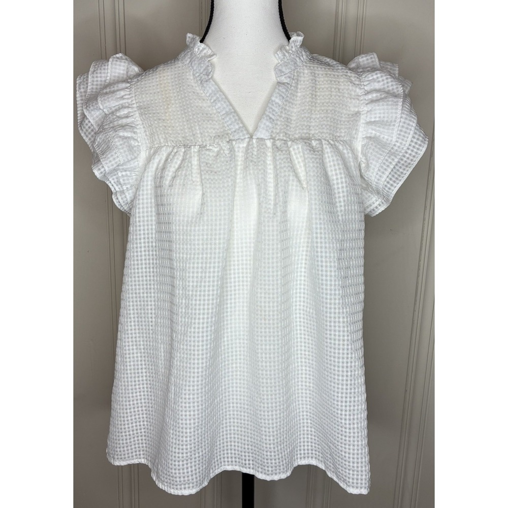 Umgee Ruffle Blouse Women Medium White Gingham Flutter Sleeve Cottage Feminine